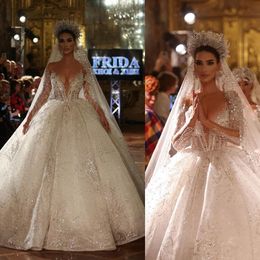 العربية مثير فساتين الزفاف بالخرز ثوب الكرة الكامل الأكمام المترقة lacebridal فستان الأرض