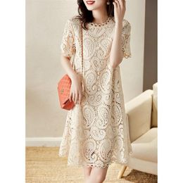 Casual Dresses Lace Hollow Out Short Sleeve Elegant Solid Mini Dress Women Summer Round Neck Loose Korean Style Ladies Casual Dress Clothes 230329