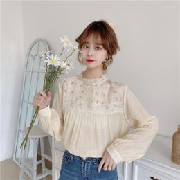 Women's Blouses Elegant Lace Stand Collar White Blouse Shirt Sexy Hollow Out Floral Embroidery Feminine Women Long Sleeve Trend Tops