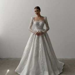 Sparkly Ball Gown Wedding Dresses Bateau Long Sleeves Sequins Appliques Diamonds Beaded Floor Length 3D Lace Ruffles Lace-up Bridal Gowns Plus Size Vestido de novia