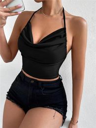 Women's Tanks Sexy Solid Black Draped Neck Tie Backless Halter Top For Women Summer Clubwear Punk High Street Style V-neck Cami Crop 2023