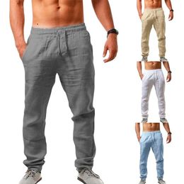 Mens Pants Cotton Linen Solid Colour Male Breathable Trousers Waist Loose Long Men Casual Joggers Fitness Streetwear S3XL 230328