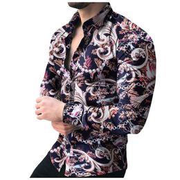 Men's Casual Shirts 2023 Autumn Shirt Summer Bird&leaf Print Long Sleeve Button Turn-down Collar Tops Men