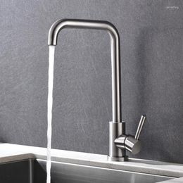 Kitchen Faucets 304 Stainless Steel Brushed Faucet Deck Sinks High Arch 360 Degree Swivel Cold Mixer Water Tap With 2 Hoses