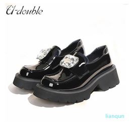 Dress Shoes Vintage Women Platform Loafers Rhinestone 2023 Genuine Leather Chunky Ladies Casual Retro Boots College Size 33-43