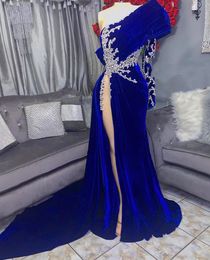 2023 Arabski Aso Ebi Royal Blue Prom Sukienka Kryształowe Kryształki Even Formalne przyjęcie Drugi przyjęcie urodzinowe suknie zaręcze