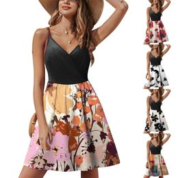 Casual Dresses Elegant Floral Midi Dress Polyester Sleeveless Evening Party Sexy V-neck Woman Beach Fairy One Piece 2023 Summer