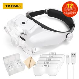 Magnifying Glasses TKDMR USB Rechargeabl Head Mounted Binocular Eyewear Loupe Magnifier with 3LED Illuminated Headband Magnifying Glass For Reading 230329