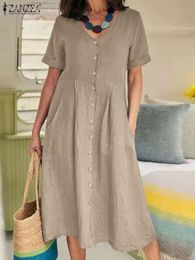 Casual Dresses ZANZEA Fashion Summer V Neck Short Sleeve Solid Sundress Elegant Women Work Midi Dress Casual Buttons Down Cotton Vestidos 230329