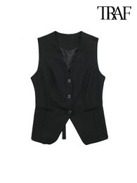 Women's Vests TRAF Women's Fashion Back Opening with Tap Waist Coat Vintage V-neck Sleeveless Women's Coat Fashion Tank Top 230329