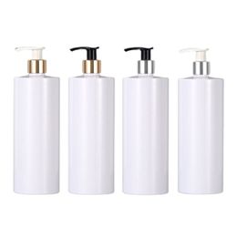 Packing Plastic Shiny White Bottle 300ML 500ML Flat Shoulder PET White Black Lotion Press Pump Gold Silver Collar Packaging Cosmetic Refillable Container