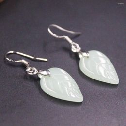 Dangle Earrings Real Jade Gp 18K Gold Plated For Women Light Green Jadeite Chalcedony Leaf Heating Hook 36 12mm