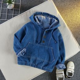 Jackets Baby Boys Hooded Sweatshirt 2023 Spring Autumn Kids Loose Demin Coat Solid Color Tops Casual Hoodies Clothes 230329