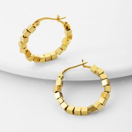 18K Genuine Gold Plated Geometric Square Bead Huggie Hoop Earrings For Women Vintage Gold Colour Copper Earrings Jewellery