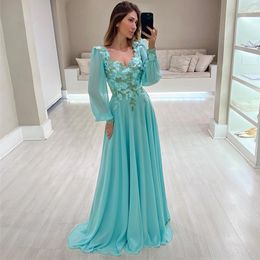 Stylish Appliqued Prom Dresses A Line Long Sleeves Evening Gowns V Neckline Floor Length Chiffon Formal Dress