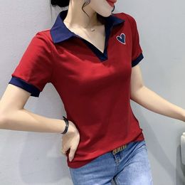 Women's Polos 6892 Red Grey Green Shirt Short Sleeve Cotton Embroidery Slim Turndown Collar For Women Summer 230330