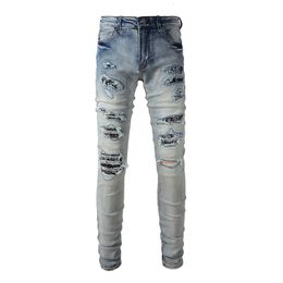 Men's Jeans Men Light Blue Steetwear Style Bandana Ribs Patchwork Skinny Stretch Holes Slim Fit High Street Distressed Ripped 230330