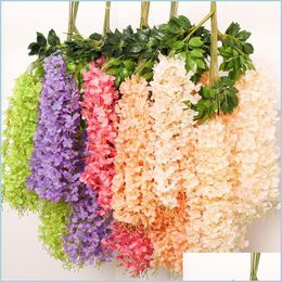 Decorative Flowers Wreaths 12Pcs/Set 110Cm Artificial Silk Wisteria Vine Hanging Flower Party Garden Outdoor Greenery Offi Dhdaf