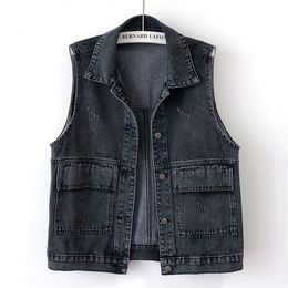 Women's Vests Spring/Summer Women's Denim Tank Top Loose Korean Pocket Sleeveless Jacket Casual Jeans Waist Coat Women's Top Chalco Mujer 5XL 230330