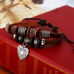 Tennis Retro Double Leathers Wood/Metal Beads Handmade Bracelets Heart Charm Beading