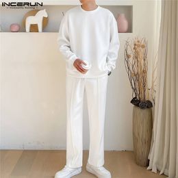 Men's Tracksuits Men's Set Solid Korean O-Neck Long Sleeve T-shirt and Drawstring Pants 2PCS Street Clothing Men's Casual Set S-5XL INCERUN 230330