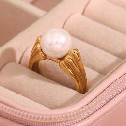 Solitaire Ring 2023 New Casting Water Wave Texture Round Pearl Finger s For Woman Waterproof Steel Made Gold Color Index Jewelry Y2303