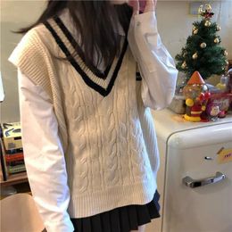 Women's Vests Preppy Style Knitted Brushed Sweater Women's Tank Top Casual V-neck Sleeveless Sweater Tank Top Spring Autumn Black Almond Sweater 230330