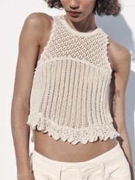 Women's Tanks Summer Tops For Women 2023 Boho Clothing Vintage Openwork Pointelle Knit Top Women's Round Neck Sleeveless Vacation Crop