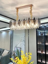 Chandeliers Oval Round LED Postmodern Crystal Leaves Silver Gold Chandelier Hanging Lamp Lighting Lustre For Dining Room