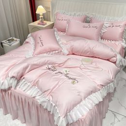 Bed Skirt 4pcs Princess Style Embroidered Bedclothes Duvet Cover Pillow Cover Home Lace Bedclothes King Bed Decoration 230330