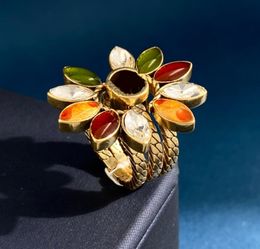 cluster Diamond rings For Women 2023 New Vintage Copper three-in-one anel Colourful gemstone flower Opening fashion designer ring women's Lover Gifts Jewellery