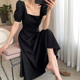 Casual Dresses Women's Summer Dress France Elegant Square Neck High Waist Puff Short Sleeve Women's Medium Length A-line Dress 230330