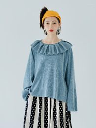 Women's Hoodies Imakokoni's Original Design Stitched Ruffle Collar Long Sleeve T-shirt Velvet Wrinkled Autumn And Winter Blue Tops For