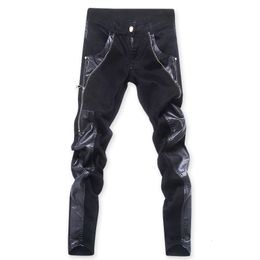 Men's Jeans Fashion Designer Black Zipper Motorcycle Leather Pants Korean Slim Skinny splice Denim 230330