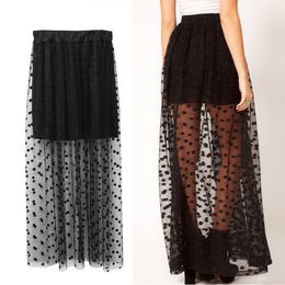 Skirts Women Mesh Dot Summer High Waist Two Fake Piece See Through Black Maxi Tulle Lace Long One Size 230330