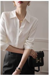 Women's Blouses EWSFV 2023 Autumn Arrive Women Smooth Satin White Shirt Ladies Long Sleeve Silk Top Office Lady High-Grade