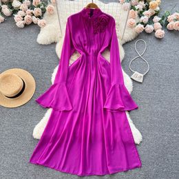 New Casual Dresses) Spring Autumn Solid Slim Full Lady Dress A Line O Neck Chiffon Pullover Mid-Calf High Waist Women Dresses