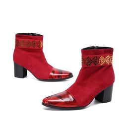7.5cm High Heels Men Boots Fashion Red Suede Leather Ankle Boots Men Zip Motorcycle Botas Hombre, Big Size US6-US12
