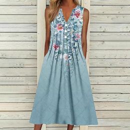 Casual Dresses Summer Spring For Women 2023 Cute Cold Shoulder Boho Tshirt Sleeveless A Line Floral Blue Evening GownCasual