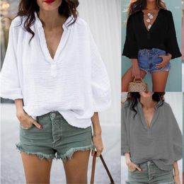 Women's Polos 2023 Women's Shirt Loose Casual Solid V Neck 3/4 Sleeve Cotton Linen Ladies Tops