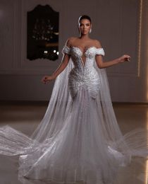 Sexy Mermaid Wedding Dresses Sleeveless V Neck Off Shoulder Beaded Sequins Appliques Lace Pearls 3D Lace Hollow Bridal Gowns Plus Size Vestido de novia Custom