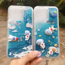 3D Astronaut Quicksand Cases For Iphone 15 14 13 phone15 12 11 Pro Max XR XS 8 7 Rocket Bling Heart Love Glitter Sparkle Floating Clear Liquid Soft TPU Phone Cover Strap