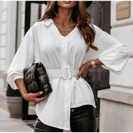 Women's Blouses 2023 Spring Letter Print Long Sleeve Women's Shirts Black Pleated V-neck Single Breasted Female White Casual Fashion