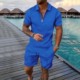 Men's Tracksuits Casual Men's Polo Shirt Fashionable Sports Suit Solid Color Summer V-neck Zipper Short Sleeve Shorts Tw