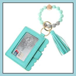 Party Favor Fashion Pu Leather Bracelet Wallet Keychain Tassels Bangle Key Ring Holder Card Bag Sile Beaded Wristlet Drop Delivery H Dhahq