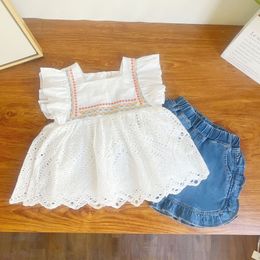 16121 Summer Kids Girls Clothing Set Ruffles Tops Blouse With Jeans Shorts Chlildren Girl 2pcs Causal Outfits Sets