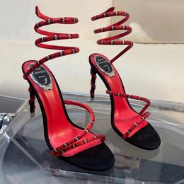 A114 Elbise Sandalet Yüksek Topuklu Ayakkabı Sandal Tasarımcısı Kristal Ayak Bilgi Kayışı Sargı 10cm Moda Stiletto Topuk Kadınlar Rene Cao