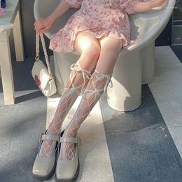 Women Socks Lolita Strap Stockings Cross Calf College Style Mid-Tube Summer Thin JK Fishnet Cute Japanese Loli Sexy Stocking