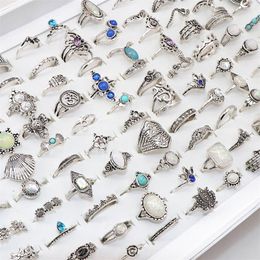Cluster Rings Wholesale 100pcs Lot Assorted Diy Bohemia Vintage Silver Colour Flower Finger rings For Women Party Gift Jewellery 230329