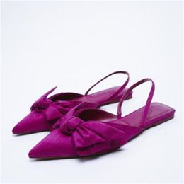 Dress Shoes TRAF Woman Sweet Bow Flat Mules Spring Purple Chic Faux Suede Lowheeled Casual Pointed Slingback Female Single 230330